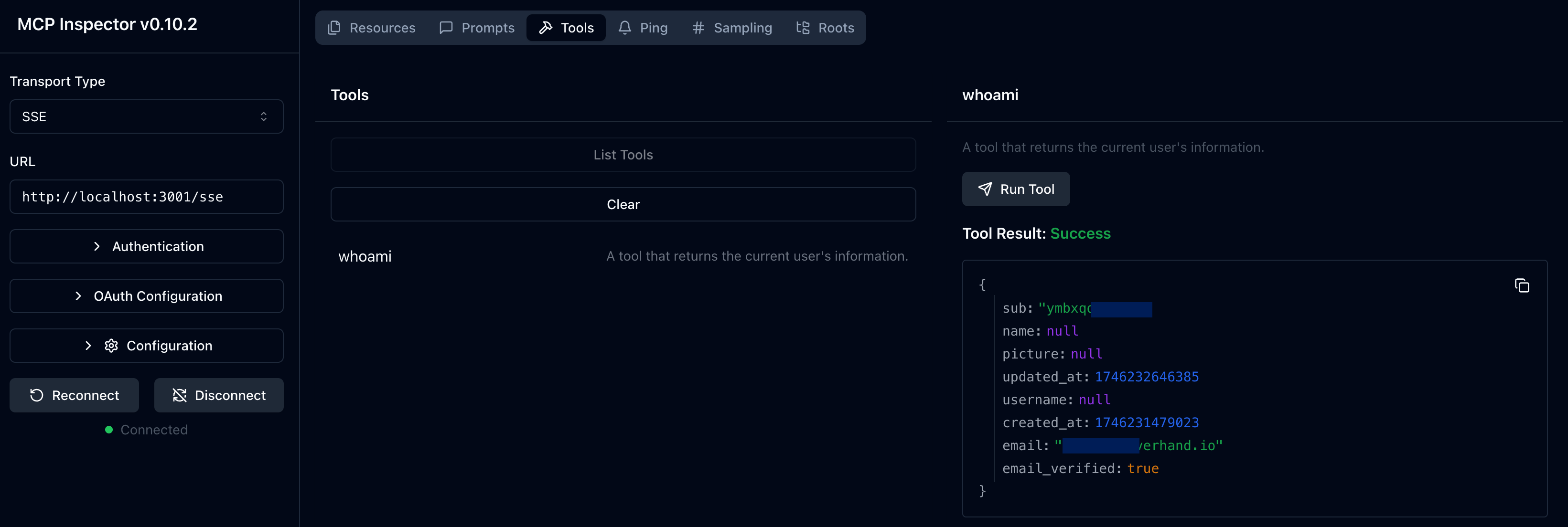 Résultat de l’outil whoami dans l’inspecteur MCP