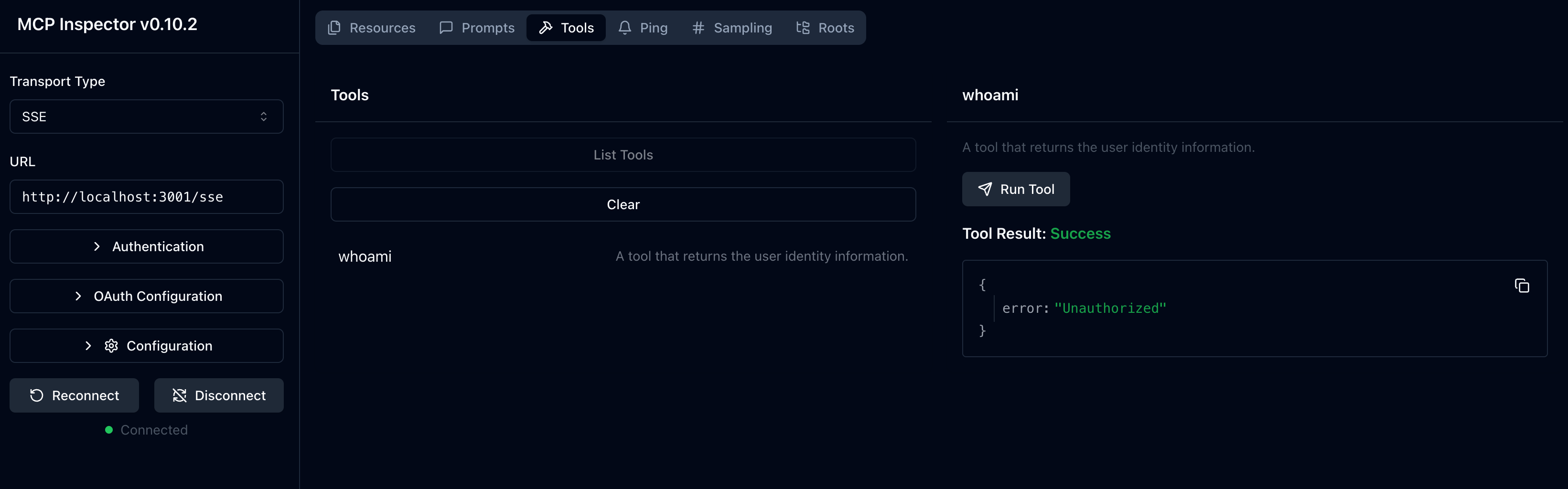 MCP inspector 首次執行畫面